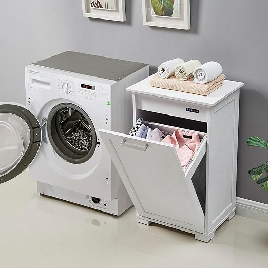 OLD CAPTAIN Tilt-Out Laundry Sorter Cabinet/Wooden Tilt Out Trash Cabinet, with Negative ion and deodorizing Function to Ensure The Cleanliness of The Kitchen Trash can(White)