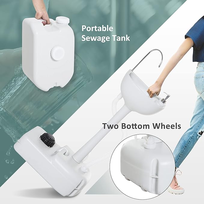 kleankin Portable Camping Sink, Handwashing Station Basin with 4.5 Gallon Tank, 6.3 Gallon Recovery Tank, Rolling Wheels & Soap Dispenser for RV, Outdoor Events, Gatherings, HDPE, White