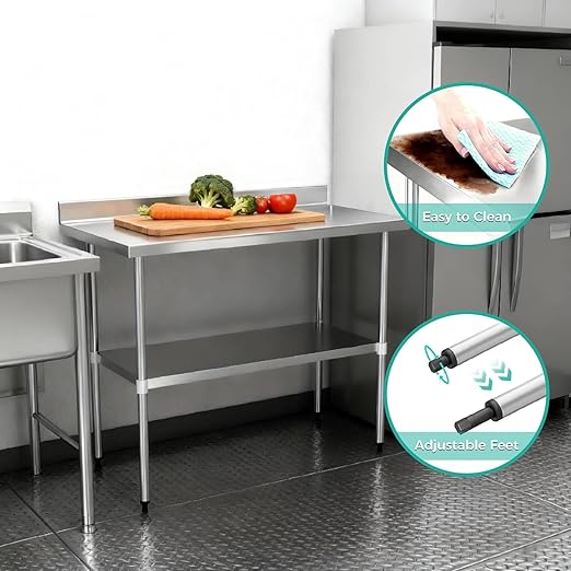 Stainless Steel Work Table 24 x 48 Inch, NSF Commercial Prep Table with Undershelf, Heavy Duty Food Prep Workstation with Backsplash