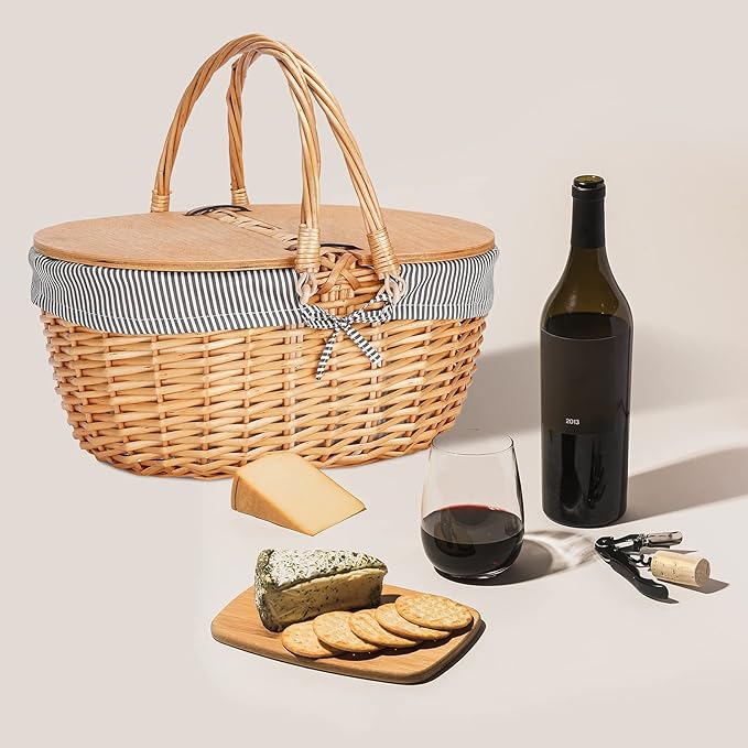Wicker Picnic Basket with Liner, Wooden Split Lid Picnic Basket, Vintage-Style Picnic Hamper with Folding Woven Handle for Picnic, Camping, Outdoor, Valentine Day, Thanks Giving, Birthday (Grey)