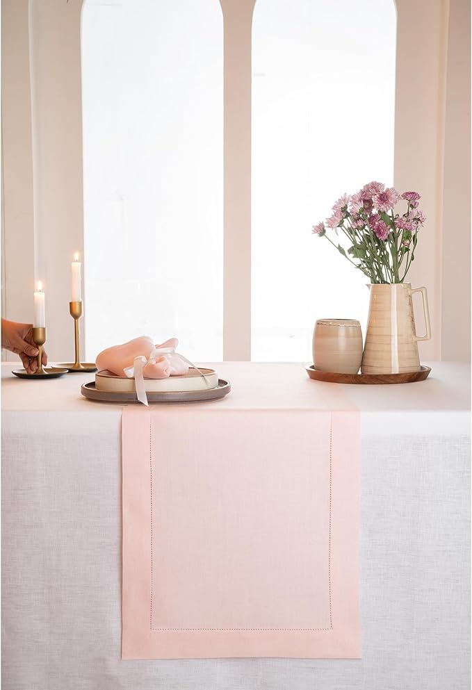 D'Moksha Homes Linen Pastel Pink Table Runner 108 Inches Long - 100% Pure Linen 14 x 108 Inch Table Runner for Valentines, Spring, Easter - Classic Hemstitch