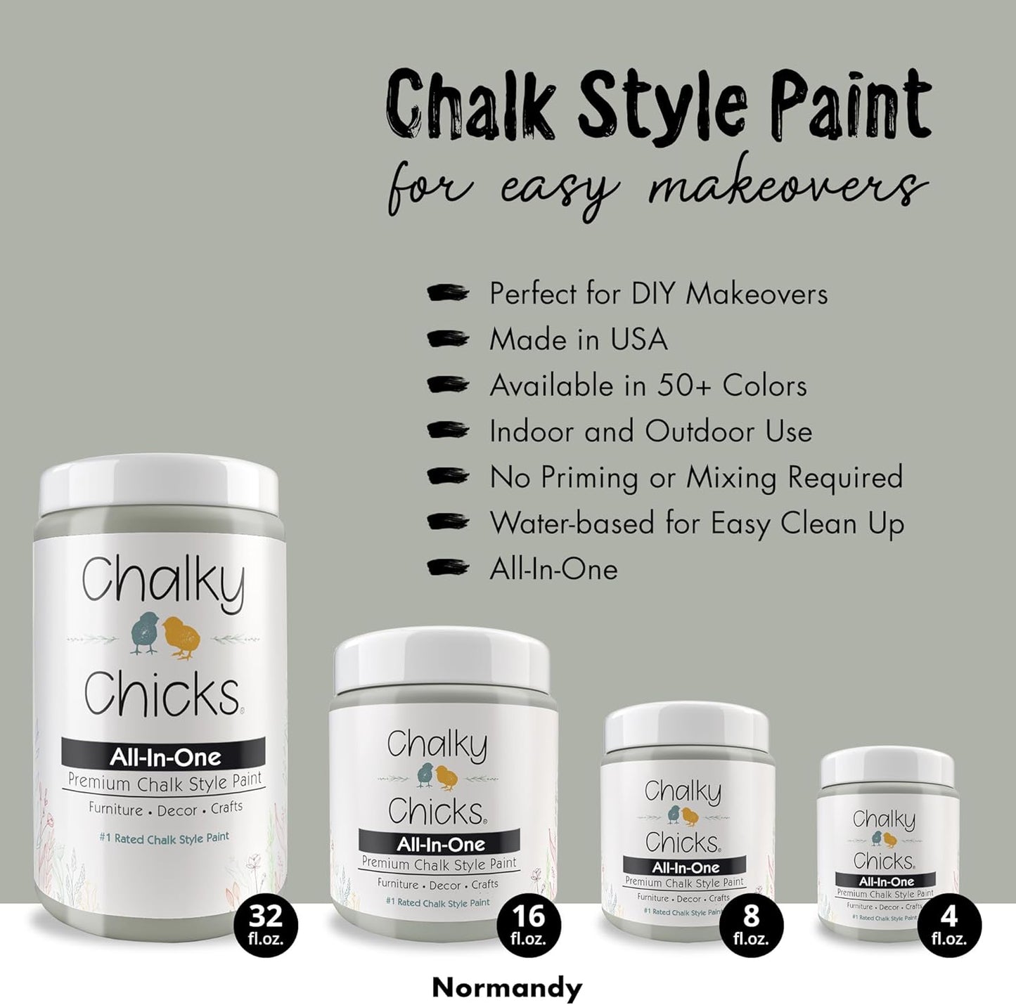 Chalky Chicks All-in-One Chalk Paint for Furniture or Cabinet - 4 Fl Oz - Matte Finish Normandy (Light Gray) for Metal, Wood Furniture Paint - No Sanding All-in-One for Home Decor & Crafts, USA Made
