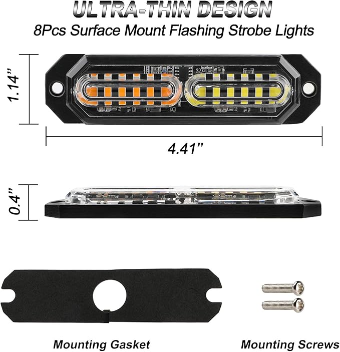 ASPL 8pcs Sync Feature Ultra Slim 12-LED Surface Mount Flashing Strobe Lights for Truck Car Vehicle LED Mini Grille Light Head Emergency Beacon Hazard Warning Lights (Amber/White)