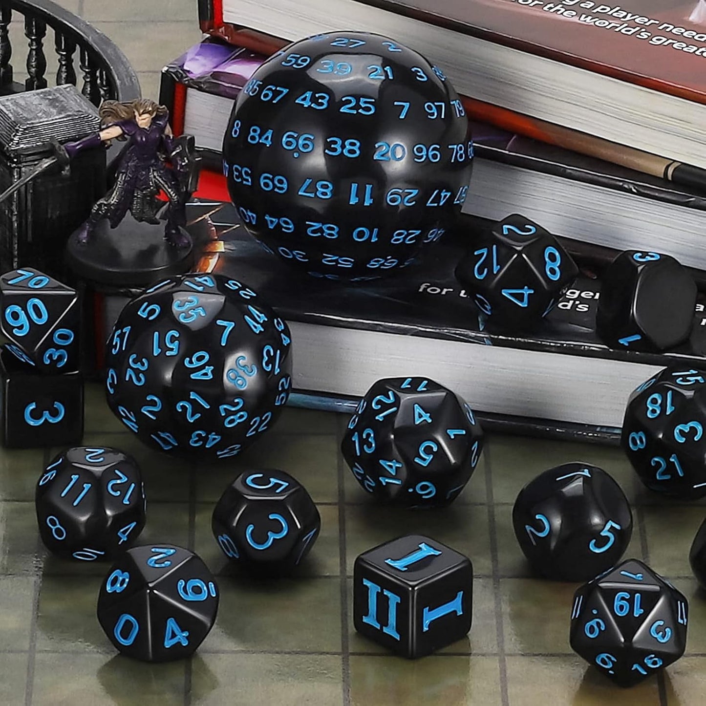 CiaraQ DND Polyhedral Dice Set (15pcs) D4-D100 Game Dice with Dice Bag for Dungeons and Dragons Role Playing Table Games (Black & Blue)
