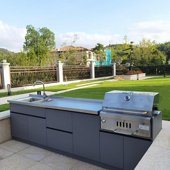 Large Charcoal BBQ Grills, Built in Barbecue Grill with Liftable Tray, Insulated Hood & Temp Gauge, Silver Stainless Steel BBQ Barrel Grill for Outdoor Kitchen Cooking Family Parties Patio Park Style