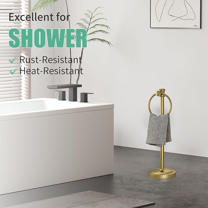 Hoimpro 17 Inch Stand Hand Towel Holder Towel Bar Towel Hanging Ring, Free Standing Floor Hand Towel Rack Storage for Bathroom Kitchen Vanity Countertops, Hardware Accessories(Brushed Gold)
