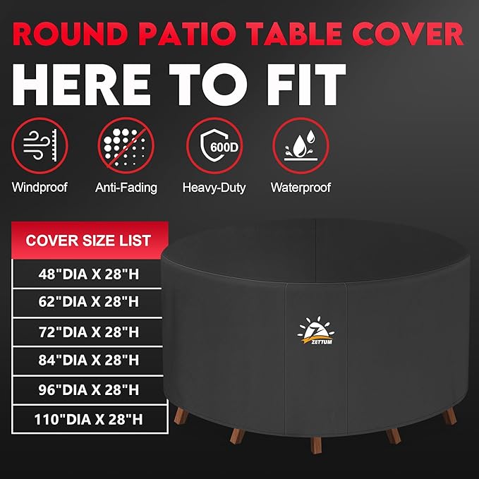 Zettum Round Patio Table Cover 72 Inch - 600D Outdoor Furniture Cover Round Waterproof & Heavy Duty, Lawn Furniture Set Covers for Outside Dining Table and Chairs Seating Combo - 72 x 72 x 28 Inch