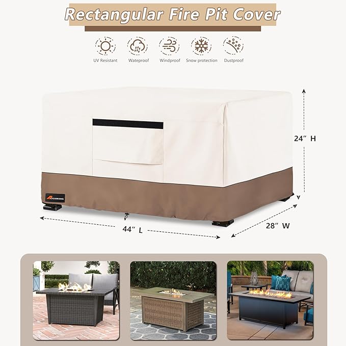 Fire Pit Cover Rectangular, Outdoor Heavy Duty 600D Tear-Resistant 100% Waterproof 44 Inch Fire Table Cover Rectangle, Patio Weatherproof Rectangular Fire Table Protector, Beige 44" L x 28" W x 24" H