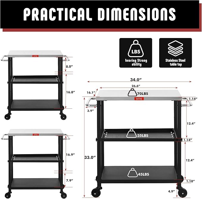 3-Shelf Grill Table, Pizza Oven Stand with Shelf, Movable Pizza Oven Grill Cart, Grill for Outside, Outdoor Bar Cart with Wheels, Stainless Steel top, L26.6xW16.1
