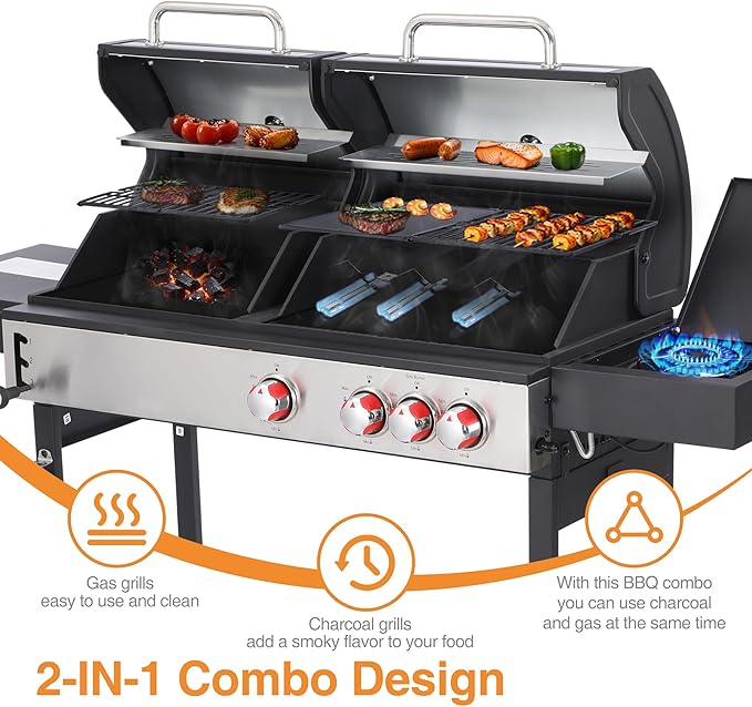 Propane Gas and Charcoal Grill Combo | Griddle Grill with Side Burner | BBQ Grills 2-in-1 | 41,500 BTU Output, 673 SQ IN Cooking Area Perfect for Outdoor Events & Backyard Barbecue