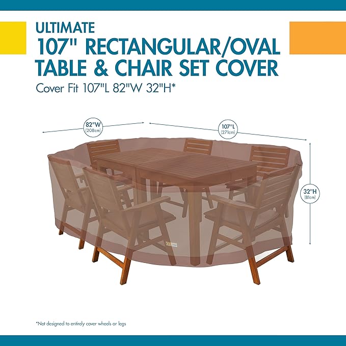 DUCKCOVERS Ultimate Waterproof Rectangular/Oval Patio Table with Chairs Cover, 107 Inch