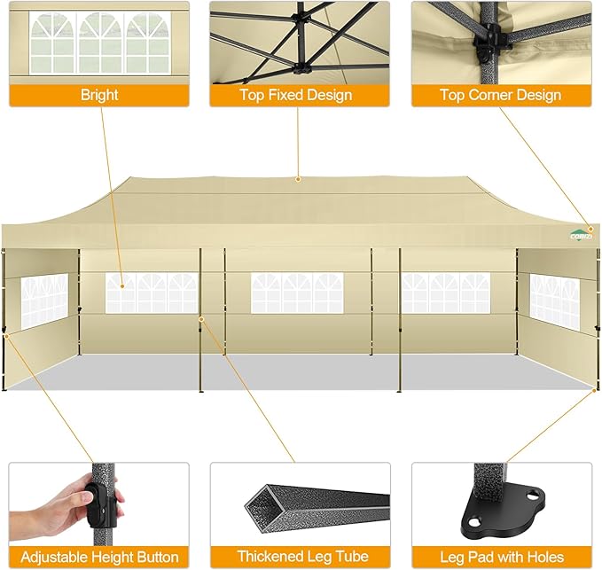 COBIZI 10x30 Pop up Canopy Tent 10x30 Canopy with 8 Sidewalls Waterproof Heavy Duty Commercial Canopy Tent for Parties Outdoor Garden Gazebo, Carry Bag with Wheel(10x30ft,Khaki)