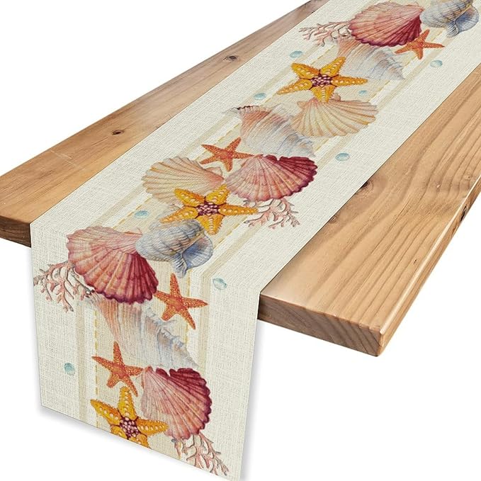 Coastal Table Runner, Yellow Coastal Starfish Coral Shell Pearl Beach Ocean Watercolor Summer Coffee Table Center Decor for Holiday Party Kitchen Outdoor Farmhouse Table Decorations, 13" X 108"