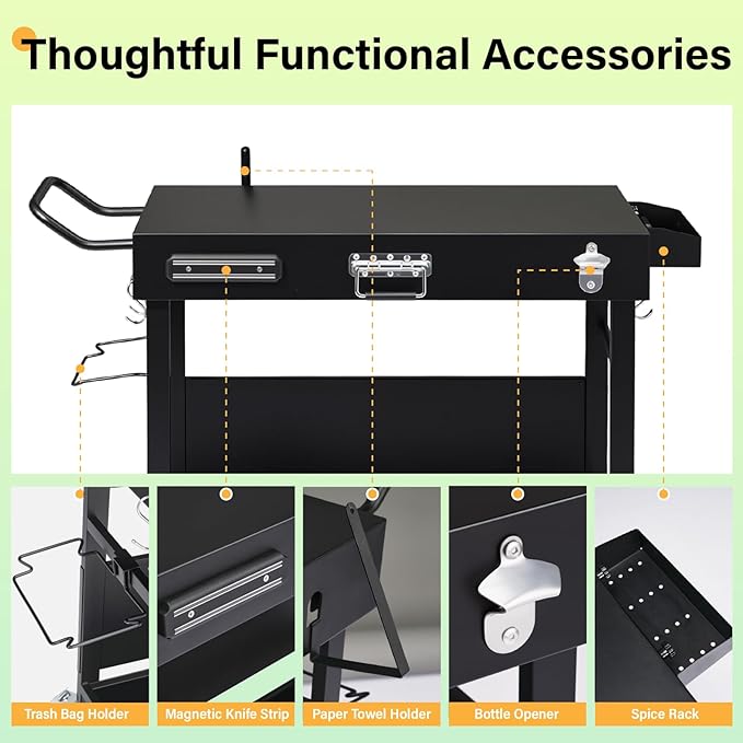 VINGLI Outdoor Grill Table Cart, Foldable Grill Cart with Wheels, Rolling Table for Ninja, Blackstone Griddle, Pizza Oven Stand, Food Prep Table w/Bottle Opener, Seasoning Tray, Rubbish Bag Holder