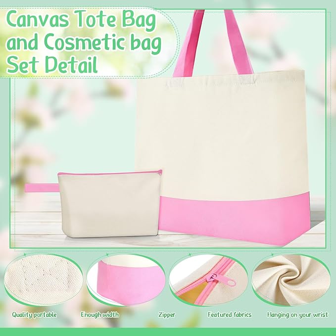 Sanwuta 24 Pcs Canvas Tote Bags Bulk with Zipper Cosmetic Bags 18.5" Cotton Canvas Bag with Handles Reusable Shopping Bags