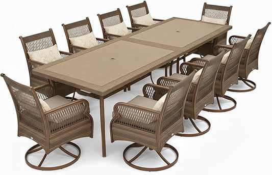 PURPLE LEAF Outdoor Dining Set for 10 All Weather Wicker Patio Dining Set with Hand-Woven Rattan Swivel Dining Chais and Rectangular Aluminum Table for Garden Deck Backyard Kitchen