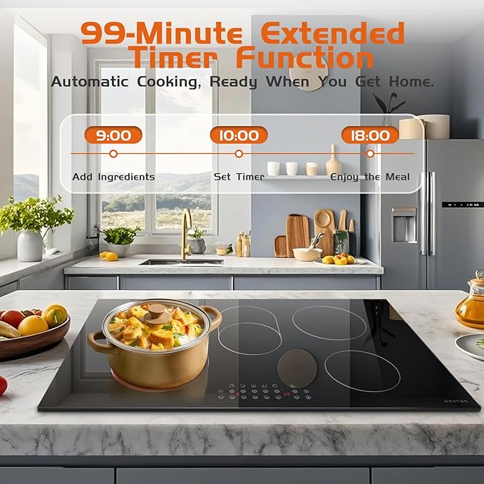 Noxton 36 Inch Electric Cooktop 5 Burner Electric Stove Top, Built-in Radiant Ceramic Cooktop with Extended Zone, Sensor Touch Control, Child Safety Lock, Timer, Pause, 8400W 240V Hard Wire