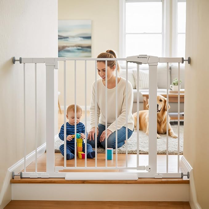 Baby Gate for Stairs, 29.7-43" Auto Close Dog Gate for Doorways & Hallways, Pressure Mounted Pet Gate with Walk Thru Door, Easy Install Safety Gate for Children & Pets, No Drilling, Dual-Lock Design