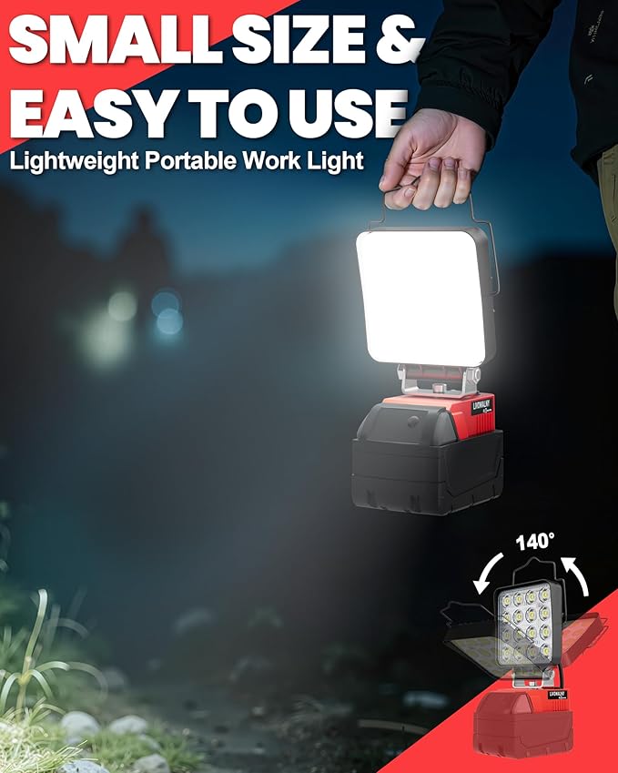 LIVOWALNY Portable LED Work Light Compatible with Milwaukee Battery, 70W 7000LM Flashlight with Low Voltage Protection and USB & Type C Charger Port, Handheld Flood Light for Construction, Emergency