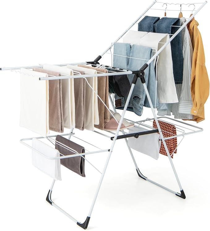 GOFLAME Clothes Drying Rack, 2-Tier Folding Laundry Drying Rack with Height-Adjustable Wings, 33 Drying Rails, Middle Sock Clips, Side Wave-shaped Bars, Freestanding Laundry Hanger, No Assembly Needed