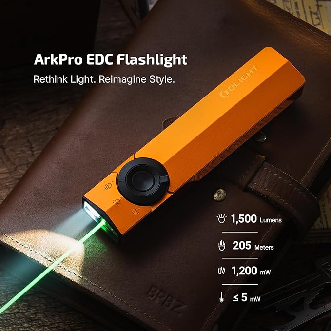 OLIGHT ArkPro EDC Flat Flashlight Rechargeable with Green Beam, UV and White LED,1500 Lumens USB-C Pocket Camping Flashlight, Spotlight Floodlight for Outdoor Emergency Working (Orange CW)