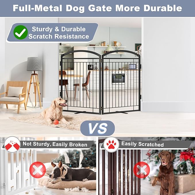Full Metal Free Standing Dog Gate with Door for Indoor Outdoor, 48'' Extra Wide 32'' Tall Dog Gate for Doorways,Large Openings,Decks,Pet Puppy Freestanding Safety Fence(2 Panels,Black)