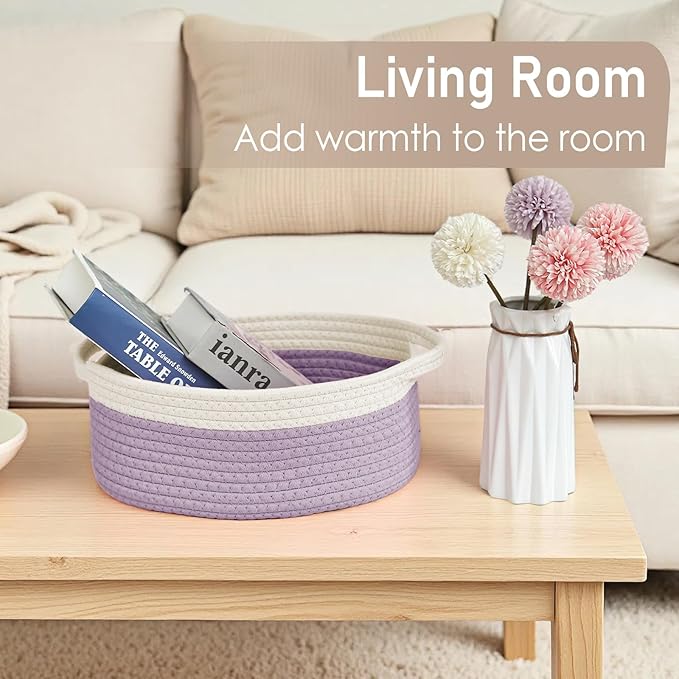 Woven Basket,Small Rope Storage Bin with Handles & Ribbon Bag, Organizer for Shelves Closets,Gift Basket Empty for Birthday,Books,Dog Toys, White&Purple/3 Pack