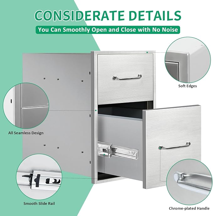 Outdoor Kitchen Drawers 14" W x 21" H x 21" D Stainless Steel Double Drawers with Ergonomic Handle for BBQ Island, Patio Grill Station & Outdoor Kitchen Cabinets