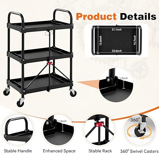 DUMOS 3-Tier Folding Utility Cart, Collapsible Service Cart with 4 Swivel Wheels & Brakes, 120LBS Capacity & Collapsible Storage Rolling Cart for Kitchen, Office, Garden, Garage, Black