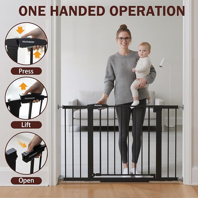 29.7-46" Extra Wide Baby Gate for Stairs, Pressure Mounted Dog Gate Indoor for Doorways, Auto Close Pet Gate with Walk Thru Door, Double Lock Child Safety Gate for Kids and Pet, No-Trip Design