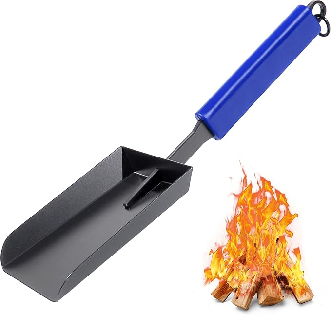 Fireplace Ash Shovel Wider Head Manganese Steel Gardening Shovel for Yard with Rubber Handle and Hanging Ring for Outdoor Fire Pit Indoor Fireplace Solo Stove Woodstove
