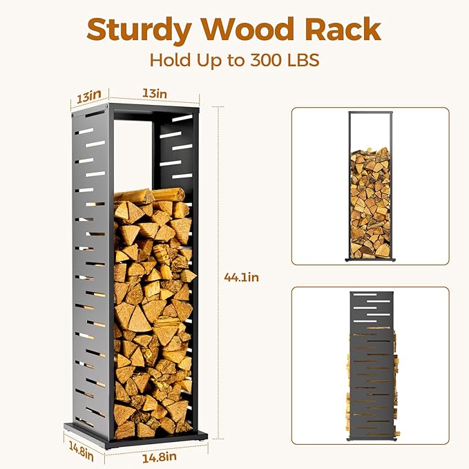 4ft Firewood Rack with Louver Pattern, Fire Wood Rack Log Holder with Hooks Adjustable Feet, Firewood Storage for Outdoor Indoor Fire Pits Fireplace Patio Balcony Black