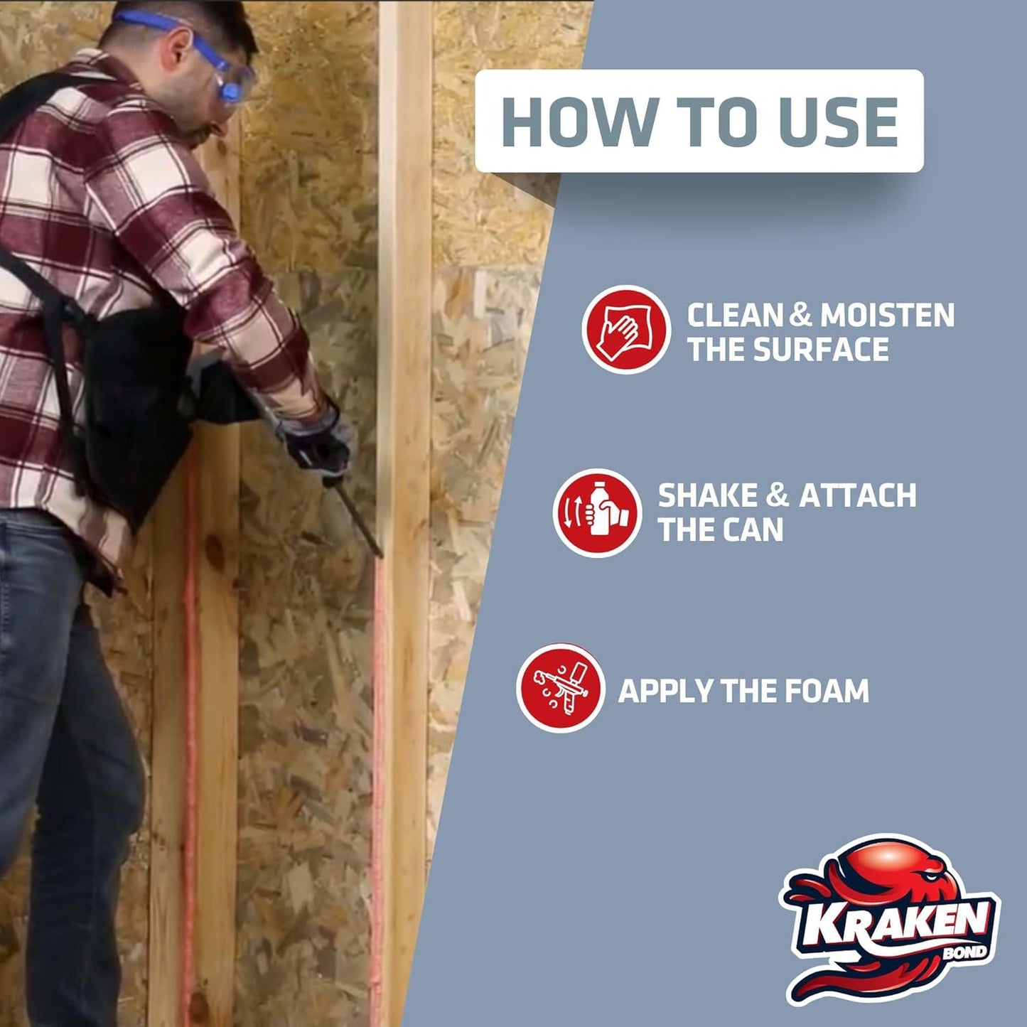 KRAKEN BOND Drywall & Panel Adhesive Foam - (12x24oz) Heavy-Duty, Fast-Curing Construction Adhesive for Concrete, Wood, and Heat Insulation Applications - 12 Pack