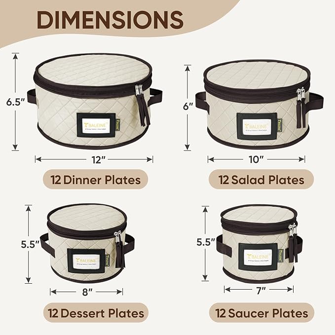 BALEINE China Storage Containers, Soft Shell Case for Organizing, Stackable Moving Storage Box with Felt Plate Dividers for Dishes, Glasses, Mugs (Plate Set, Cream)
