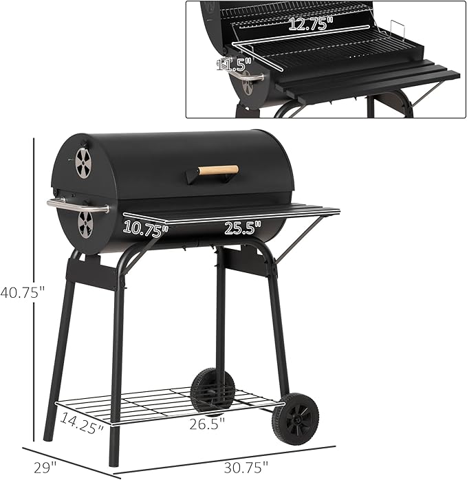 30 Inch Portable Barrel Charcoal Grill with Offset Smoker, Steel Outdoor BBQ Grill with Storage Shelves and Wheels, Charcoal Smoker Grill for Backyard, Camping & Picnic