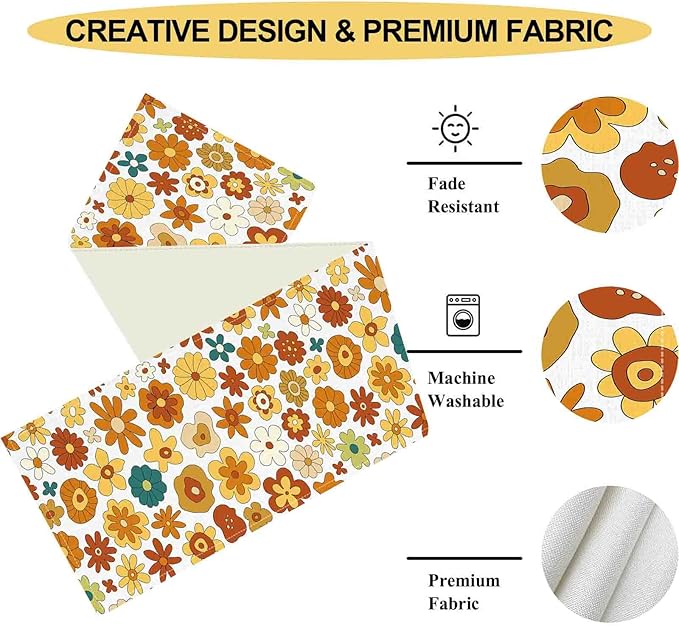 Groovy Floral Table Runner, Retro 70s Hippie Floral Funky Cute Flower Trippy Orange Coffee Table Center Decor For Home Kitchen Dining Patio Holiday Party Indoor Outdoor Table Decorations, 13"x90" Inch