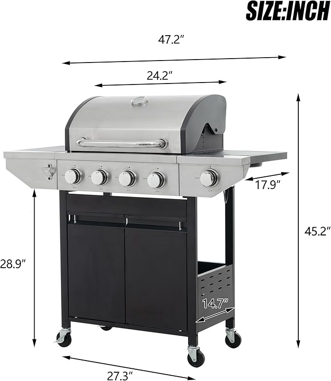 Zateety 4 Burner Propane Grill - 46,500 BTU Gas Grill with Side Burner, Stainless Steel with Iron Cast Grates for Outdoor Cooking, Patio, Camping BBQ, Garden Barbecue Grill, Black and Silver
