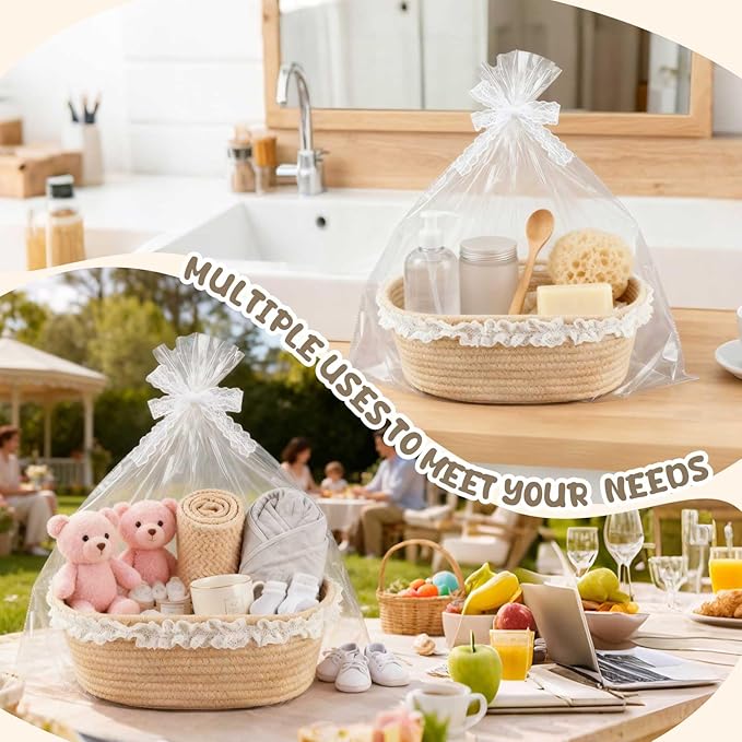 2 Pcs Small Wicker Hand-Woven Rattan Baskets with Clear Gift Bags and Lace Ribbons 12"X 8" X 5" for Baby Diaper Caddy Basket Baby Shower Gifts Easter Egg Storage