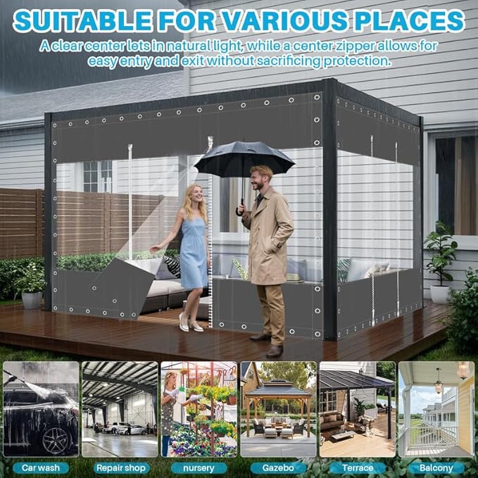 Clear Vinyl Curtains with Zippered Entry, 23oz Heavy Duty Waterproof Anti-UV and Tear-Resistant Tarpaulin with Grommets, Weatherproof Panels for Porch, Pergola, Gazebo, Balcony, Patio, Enclosure