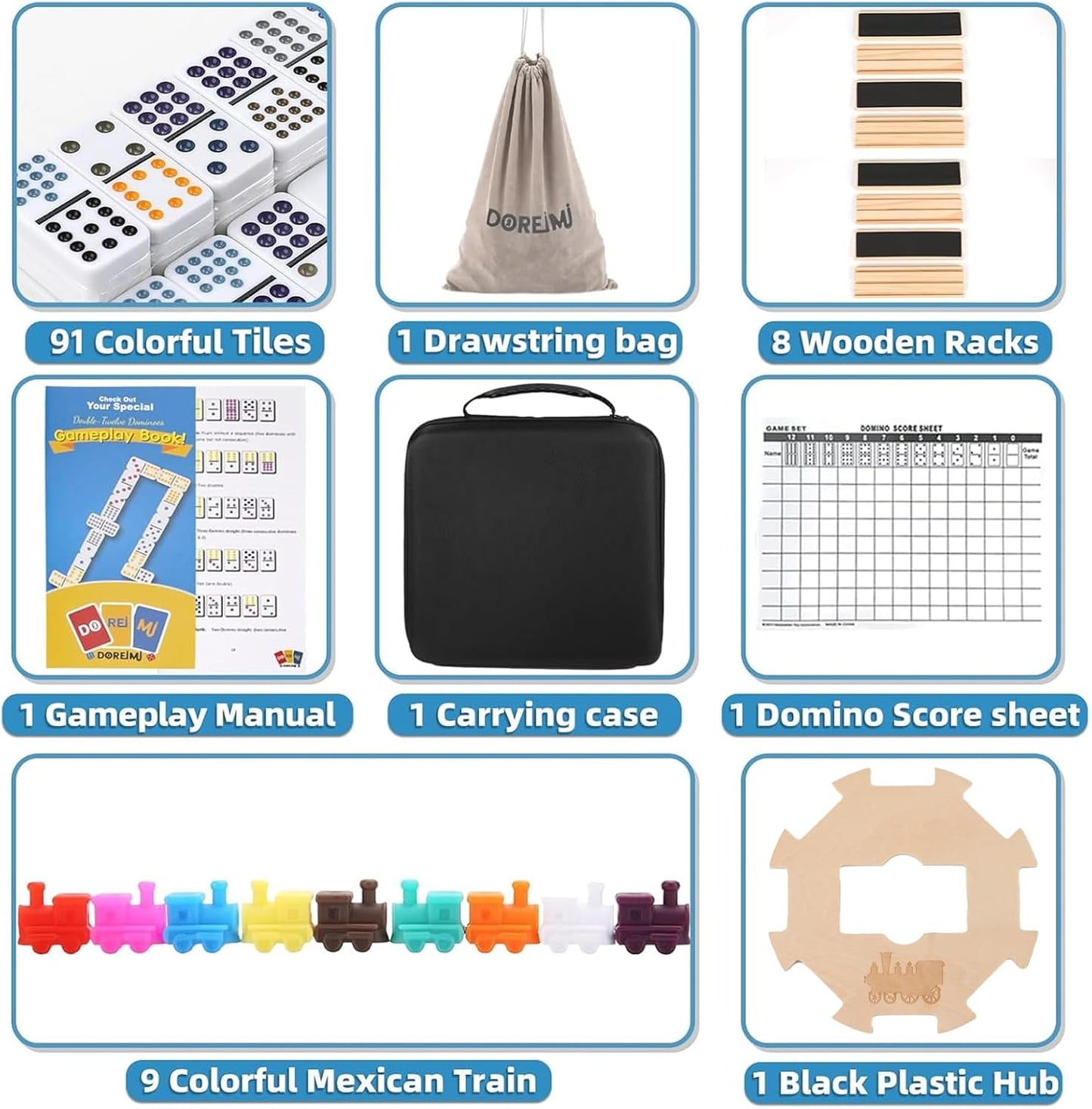 Upgraded Mexican Train Dominoes Set with 8 Wooden Holders, Double 12 Dominos Set for Kids, Adults Travel Domino Train Set with 91 Tiles and Carry Case, Classic Board Games for Family Night
