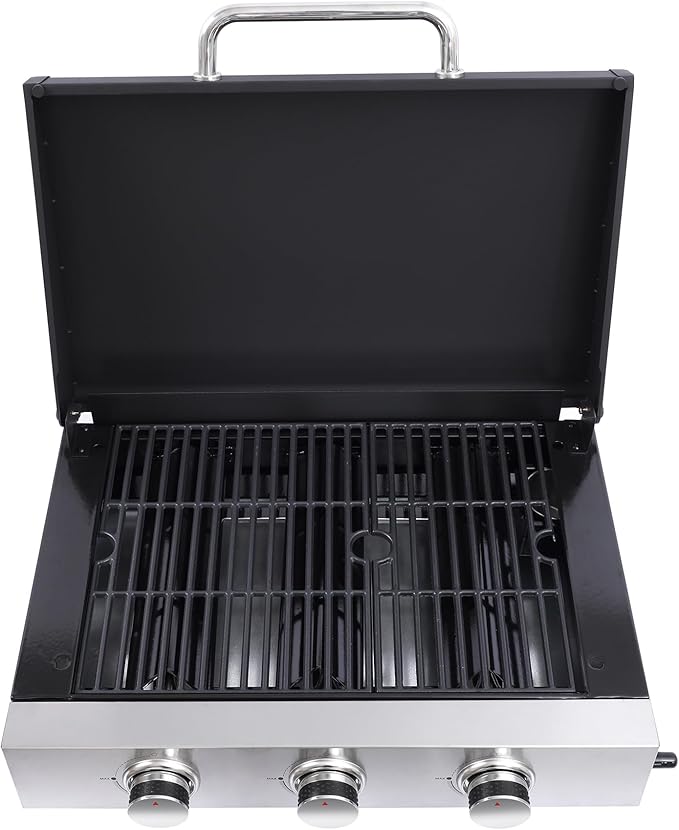26,550 BTU Propane Gas Grill with Thermometer, 100-800°F Temp Control, Foldable Side Table, 2 Wheels for Mobility, 430 Stainless Steel Fire Box & Warming Rack, Include Hanging Basket & Tool Hooks