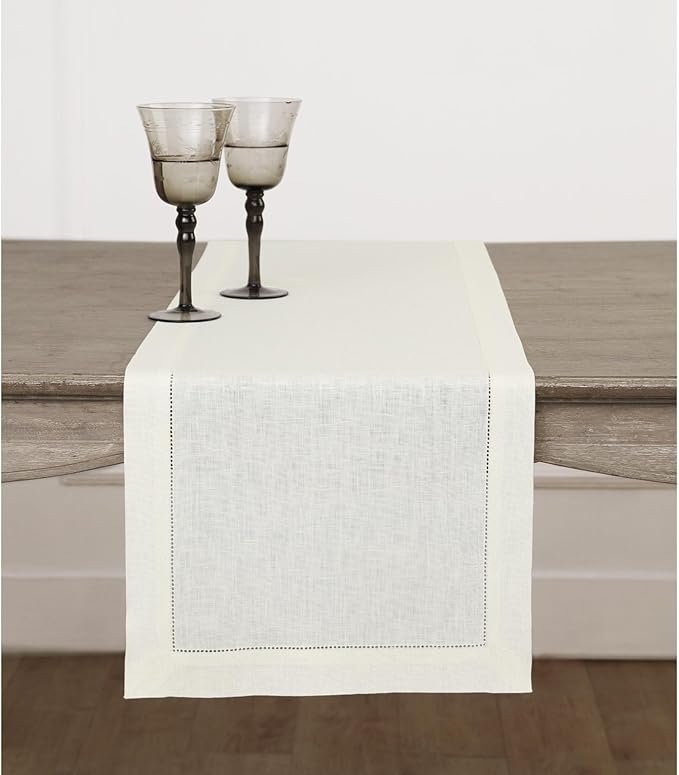 Solino Home Linen Ivory Table Runner 72 Inches Long - 100% Pure Linen Hemstitch Table Runner 14 x 72 Inch for Dresser, Dining, Spring, Easter - Classic Hemstitch