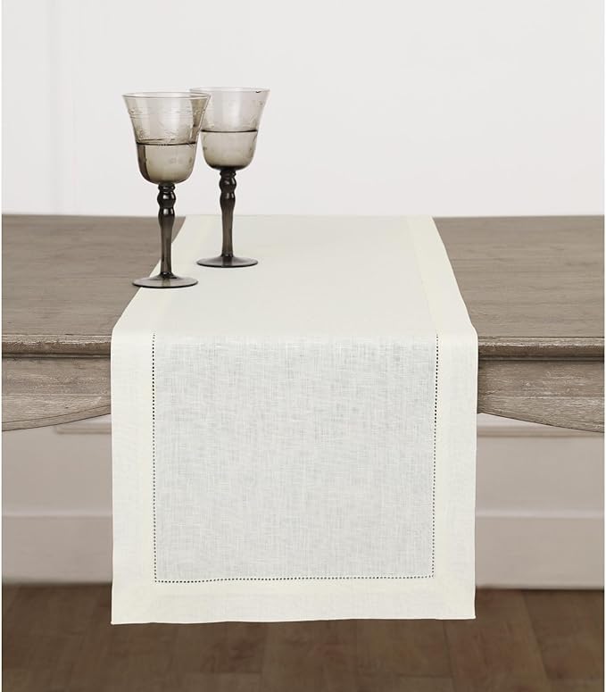 Solino Home Linen Ivory Table Runner 90 Inches Long - 100% Pure Linen Hemstitch 14 x 90 Inch Table Runner for Dining, Spring, Easter - Classic Hemstitch