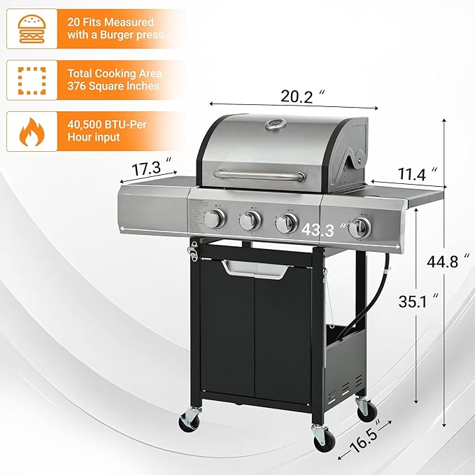 3 Burner Propane Gas Grill with Side Burner & Cover, Stainless Steel BBQ Grill, 40500 BTU Outdoor Gas Grill for Backyard, Patio, Camping & Outdoor Cooking