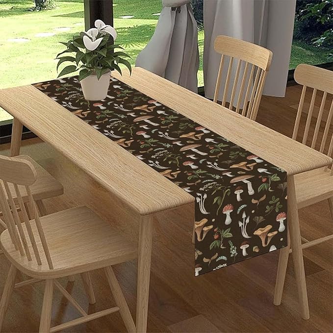 Mushroom Table Runner, Rustic Farmhouse Forest Plants Botanical Wild Floral Coffee Table Center Decor for Home Kitchen Dining Patio Holiday Party Indoor Outdoor Table Decorations, 13"x72" Inch