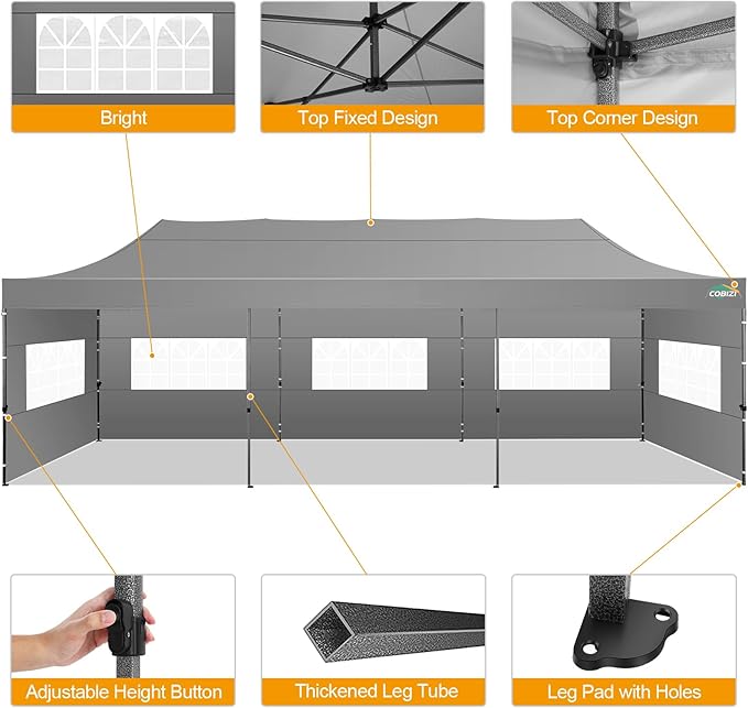 COBIZI 10x30 Pop up Canopy Tent 10x30 Canopy with 8 Sidewalls Waterproof Heavy Duty Commercial Canopy Tent for Parties Outdoor Garden Gazebo, Carry Bag with Wheel(10x30ft, Gray)