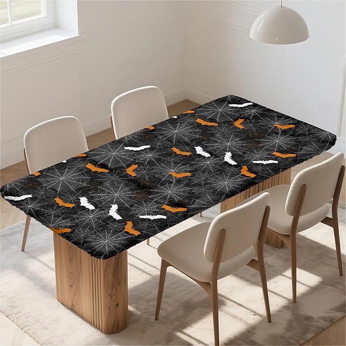 Rectangle Table Cloth Cover Waterproof Elastic Fitted Polyester Fitted Tablecloths for 6 Foot Tables for Indoor,Picnic, Camping, Outdoor （60" x 30"，Halloween）