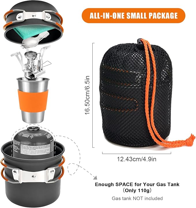 Odoland Camping Cookware Stove Carabiner Canister Stand Tripod and Stainless Steel Cup, Tank Bracket, Fork Spoon Kit for Backpacking, Outdoor Camping Hiking and Picnic