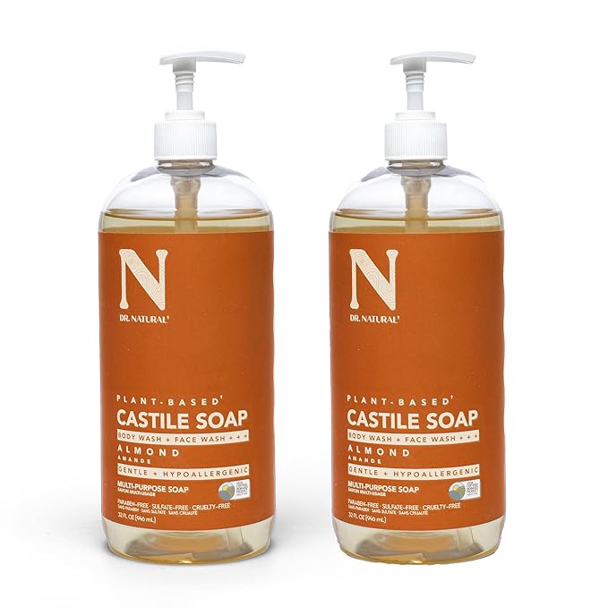 Dr. Natural Castile Liquid Soap, Almond, 2 pc - Sulfate-Free, Paraben-Free, Cruelty-Free Multi-Purpose Soap with Shea Butter, Coconut Oil, Olive Oil