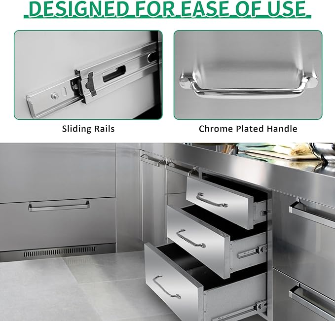 Outdoor Kitchen Drawers 18" W x 21" H x 23" D Stainless Steel Triple Drawers with Ergonomic Handle for BBQ Island, Patio Grill Station & Outdoor Kitchen Cabinets